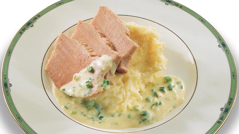 Corned Beef and Parsnip Mash with Mustard and Cider Sauce